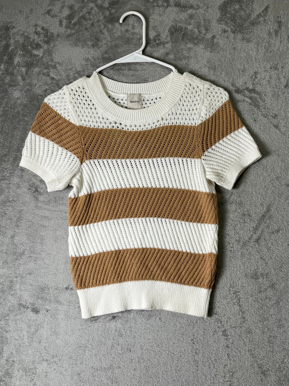 Maeve Open Stitch Mesh Sweater Women's XXS Tan Cream Striped Short Sleeve‎ Knit